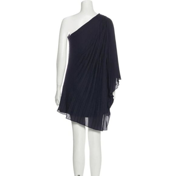 Halston Heritage One-Shoulder Pleated Cape Mini Dress In Navy Blue Size: XS - Picture 3 of 5